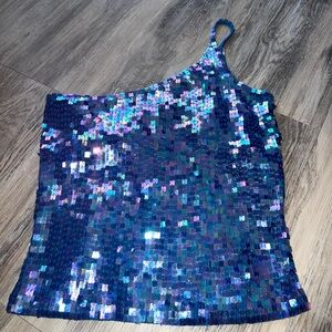 Sequin One-Shoulder Top in Blue and Purple